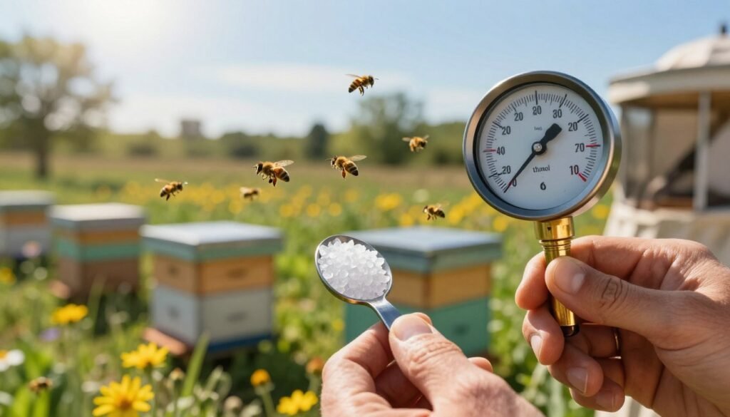 A close-up view of a beekeeper's hands carefully measuring thymol crystals next to a temperature gauge in a sunlit apiary. The foreground features the measuring spoon, with thymol crystals glistening in the light, and the temperature gauge displaying an optimal range for the treatment. In the middle ground, there are bee hives with bees calmly flying around, surrounded by blooming late summer flowers, emphasizing the season. The background is a clear blue sky and trees, creating a serene atmosphere. The lighting is warm and natural, evoking a sense of careful and responsible management of bee health. The scene captures the essence of utilizing thymol-based treatments effectively and sustainably. A close-up view of a beekeeper's hands carefully measuring thymol crystals next to a temperature gauge in a sunlit apiary. The foreground features the measuring spoon, with thymol crystals glistening in the light, and the temperature gauge displaying an optimal range for the treatment. In the middle ground, there are bee hives with bees calmly flying around, surrounded by blooming late summer flowers, emphasizing the season. The background is a clear blue sky and trees, creating a serene atmosphere. The lighting is warm and natural, evoking a sense of careful and responsible management of bee health. The scene captures the essence of utilizing thymol-based treatments effectively and sustainably.