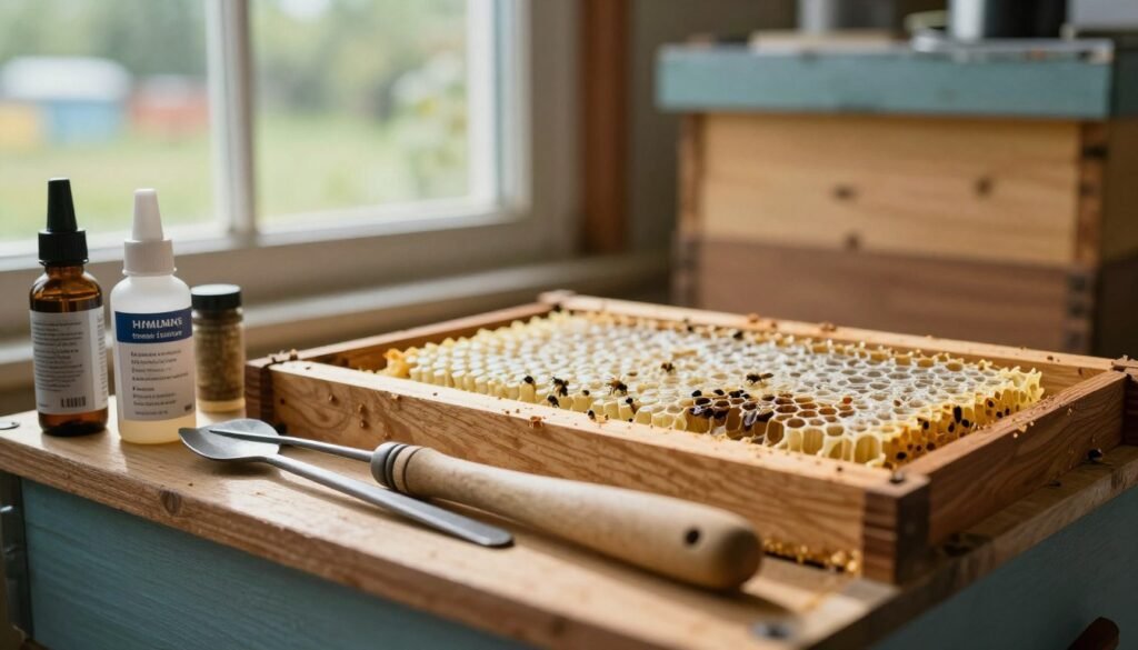 A close-up view of a beekeeper's workshop focused on wax moth control strategies. In the foreground, a wooden shelf displays various beekeeping tools, such as a hive tool, smoker, and a pesticide labeled for wax moth treatment, arranged in an organized manner. In the middle ground, we see combs with signs of wax moth damage, along with a clear section showing healthy combs. Soft natural light filters through a window, casting gentle shadows and highlighting the textures of the wood and comb. In the background, a blurred image of an apiary outside, suggesting a connection to the outdoors. The mood is calm and focused, emphasizing careful management and prevention strategies in beekeeping practices.