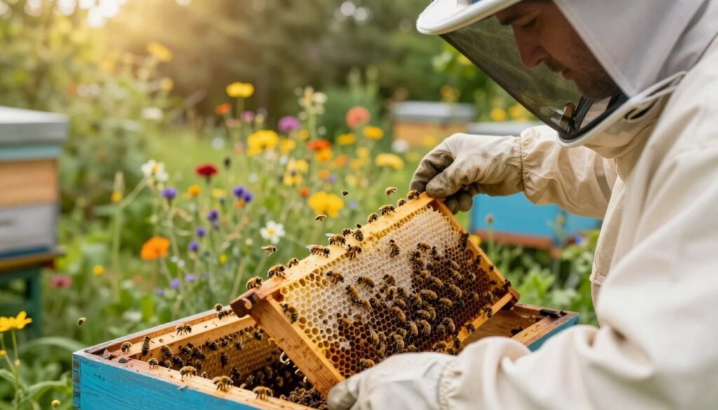 A close-up view of a beekeeping expert in a protective bee suit, carefully inspecting a beehive to monitor queen acceptance and overall hive health. The foreground features the expert holding a frame of honeycomb with bees actively at work. The middle ground showcases the beehive with detailed craftsmanship, surrounded by buzzing bees. In the background, a lush garden with colorful wildflowers provides a vibrant and natural setting. The scene is illuminated by soft, warm sunlight filtering through the trees, creating a serene and focused atmosphere. The angle is slightly low, emphasizing the connection between the beekeeper and the bees, evoking a sense of dedication and harmony with nature.
