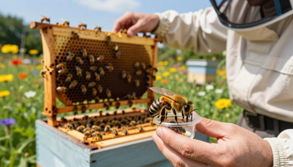 A close-up view of a beekeeping expert in professional attire, gently holding a vibrant, newly introduced queen bee in a small, clear container. In the foreground, focus on the queen bee with her distinctive long abdomen and glossy black and gold body, surrounded by worker bees. The middle-ground showcases an elegantly designed beekeeping hive, with wooden frames and flowing bees, emphasizing the process of direct release. In the background, a sunny garden filled with colorful wildflowers is visible, enhancing the atmosphere of a thriving bee ecosystem. The lighting is bright and natural, capturing a warm, inviting mood, with soft shadows and a clear blue sky overhead. This image should evoke a sense of care and professionalism in beekeeping practices. A close-up view of a beekeeping expert in professional attire, gently holding a vibrant, newly introduced queen bee in a small, clear container. In the foreground, focus on the queen bee with her distinctive long abdomen and glossy black and gold body, surrounded by worker bees. The middle-ground showcases an elegantly designed beekeeping hive, with wooden frames and flowing bees, emphasizing the process of direct release. In the background, a sunny garden filled with colorful wildflowers is visible, enhancing the atmosphere of a thriving bee ecosystem. The lighting is bright and natural, capturing a warm, inviting mood, with soft shadows and a clear blue sky overhead. This image should evoke a sense of care and professionalism in beekeeping practices.