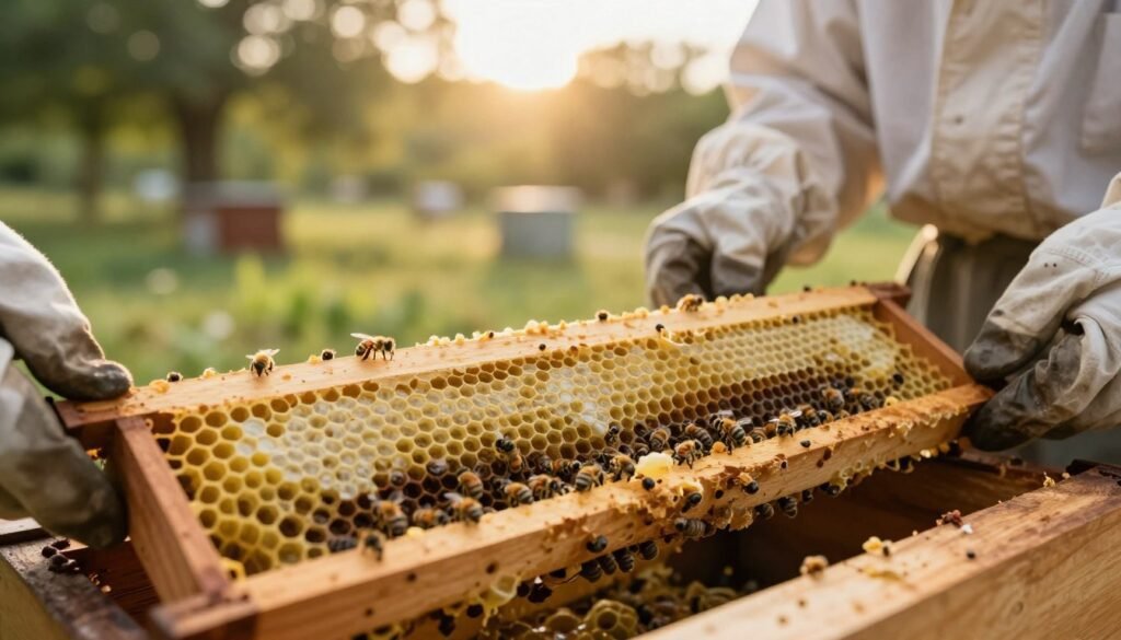 A close-up view of a beekeeping frame during inspection, highlighting the bottom section where swarm and supersedure cells can be found. In the foreground, focus on a wooden frame with visible wax cells, some containing larvae. Ensure the texture of the wax and the color contrast of the cells are vivid. In the middle ground, include a pair of gloved hands gently holding the frame, dressed in professional beekeeping attire. The background features a soft-focus apiary, with a warm, golden sunlight filtering through the trees, casting a natural glow on the scene. The mood is calm and informative, emphasizing the careful examination during colony inspections. Use a macro lens angle to capture the intricate details.