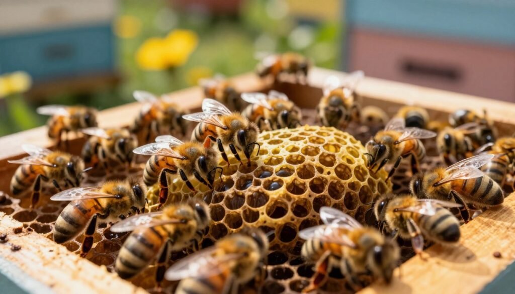 A close-up view of a beekeeping hive focusing on several queen cells being meticulously protected by worker bees. In the foreground, highlight robust, shiny queen cells, with intricate details of the wax structure and the developing larvae inside. The midground features the diligent worker bees surrounding the queen cells, their bodies glistening in the warm sunlight. The background shows a soft-focus image of the hive and garden flowers, creating a vibrant yet peaceful atmosphere. Use soft, natural lighting to enhance the details of the bees and cells, and a slight depth of field to draw attention to the queen cells. The overall mood is one of care and protection in the bee colony environment.