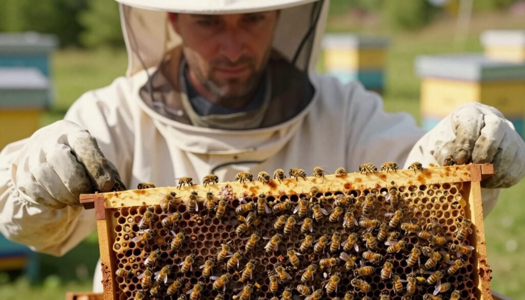 A close-up view of a beekeeping inspection scene, focusing on a beekeeper wearing protective clothing and gloves, carefully examining a frame filled with bees. The foreground features a detailed view of the frame, with healthy bees and some signs of disease, such as discolored patches. The middle ground includes the beekeeper's serious expression, highlighting the importance of monitoring weak colonies. In the background, a sunny apiary with several hives creates a serene atmosphere. The lighting is warm and natural, casting soft shadows for a peaceful yet focused mood. The image is captured at eye level with a shallow depth of field to emphasize the inspection process while softly blurring the background, conveying a hands-on approach to disease monitoring in bee colonies.