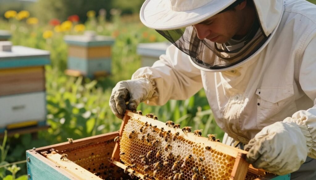 A close-up view of a beekeeping inspection taking place in an apiary. In the foreground, a professional beekeeper, dressed in a white suit and protective veil, is examining a frame filled with honeycomb and brood to evaluate queen quality. Gleaming bees are seen busy working on the frame. The middle ground showcases vibrant green plants and beehives in a sunny, natural setting, filled with soft golden light creating a warm atmosphere. In the background, a glimpse of flowers blooming adds color and life. The overall mood is focused and serene, capturing the meticulous nature of evaluating queen bees and their laying capacity. The shot is taken from a low angle, emphasizing the beekeeper’s engagement with the task.