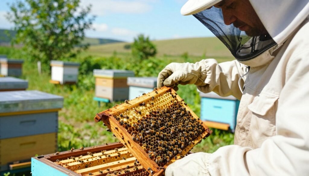 A close-up view of a beekeeping scene focusing on Varroa mite management during broodless periods. In the foreground, a beekeeper in a light-colored, professional suit and bee veil inspects a frame from a hive, carefully observing for signs of Varroa infestation. The frame contains empty brood cells and healthy worker bees. The middle ground features multiple hives under a bright, sunny sky, with vibrant green foliage surrounding the apiary. In the background, a soft focus shows distant hills and a clear blue sky. Natural light bathes the scene, creating a warm, inviting atmosphere. The overall mood conveys diligence and care in bee management, emphasizing the importance of maintaining hive health during periods without brood.
