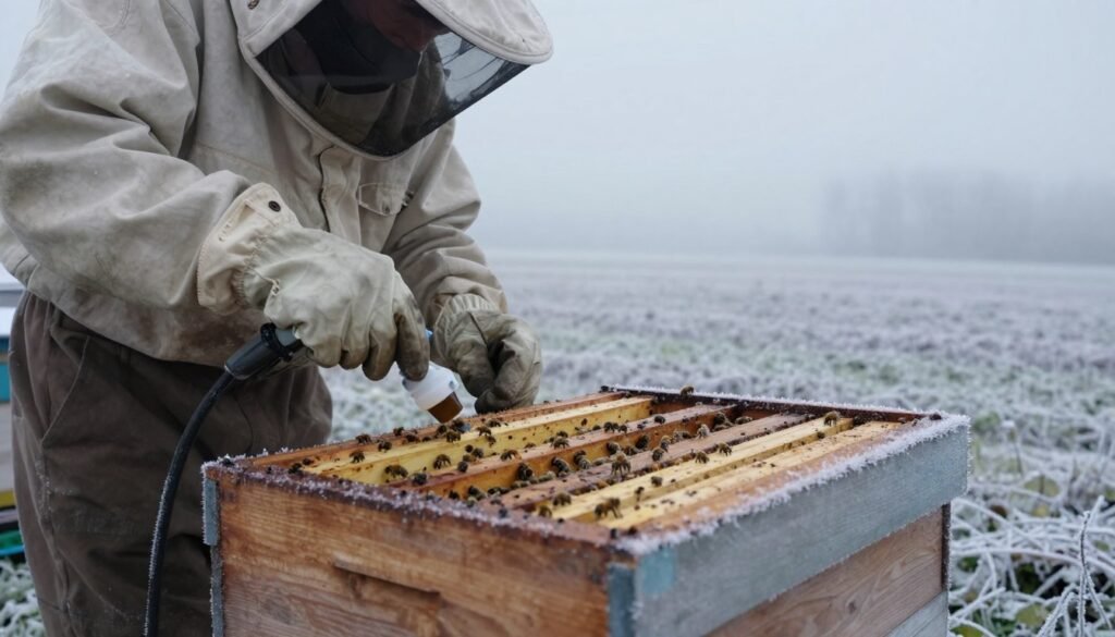 A close-up view of a beekeeping scene in winter, showcasing a beehive surrounded by a frost-covered landscape. In the foreground, a beekeeper, dressed in professional attire with a bee suit and protective gloves, is carefully applying oxalic acid treatment to the hive using a vaporizer. The middle ground features the hive itself, with visible frost on the wooden structure and bees clustered near the entrance, indicating a broodless state. The background includes a silent, snow-blanketed field under a soft, gray winter sky, capturing the tranquil atmosphere of a cold season. Gentle diffused lighting enhances the scene, adding a serene mood, while a slight depth of field draws focus to the beekeeper's careful actions.