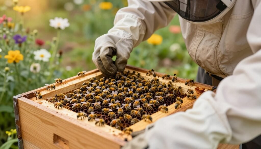 A close-up view of a beekeeping setup, focusing on a beekeeper in a light-colored suit, carefully examining a wooden package bee box, with bees in a mild frenzy around the opening. The foreground features the beekeeper's gloved hands gently interacting with the box, revealing colorful bees inside. In the middle ground, emphasize the details of the bee box, its natural wooden texture, and the vibrant yellow and black of the bees. The background consists of a sunny garden with blooming flowers, casting a warm, inviting light. Utilize soft natural lighting to create a calm atmosphere, capturing the intricate details of beekeeping. Angle the shot slightly from above to give a clear view of both the bees and beekeeper at work.