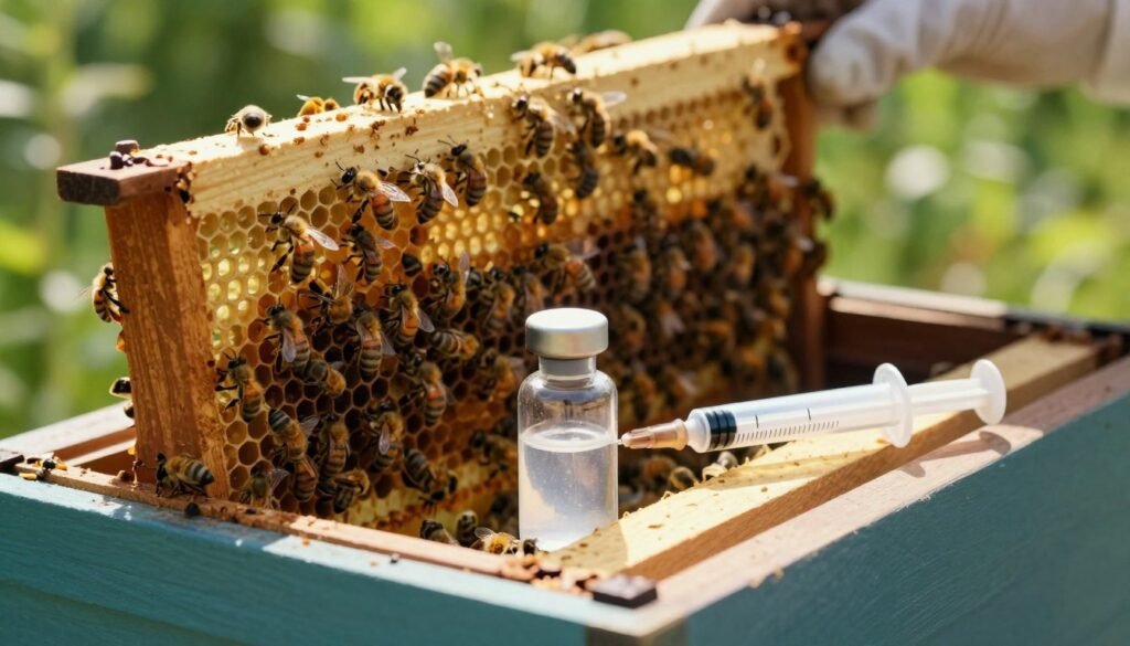 A close-up view of a beekeeping setup with a focus on oxalic acid treatment for Varroa mite control. In the foreground, a clear glass vial filled with oxalic acid is positioned next to a syringe, showcasing the precise dosage. The middle ground features a partially opened beehive with honey bees, emphasizing a healthy environment. The background includes blurred green foliage to suggest an outdoor setting, filled with natural sunlight streaming through the trees, creating a warm and inviting atmosphere. The image should evoke professionalism and care in beekeeping, with soft, natural lighting highlighting the intricate details of the beehive and tools. The angle should be slightly elevated, drawing attention to the process without distractions. A close-up view of a beekeeping setup with a focus on oxalic acid treatment for Varroa mite control. In the foreground, a clear glass vial filled with oxalic acid is positioned next to a syringe, showcasing the precise dosage. The middle ground features a partially opened beehive with honey bees, emphasizing a healthy environment. The background includes blurred green foliage to suggest an outdoor setting, filled with natural sunlight streaming through the trees, creating a warm and inviting atmosphere. The image should evoke professionalism and care in beekeeping, with soft, natural lighting highlighting the intricate details of the beehive and tools. The angle should be slightly elevated, drawing attention to the process without distractions.