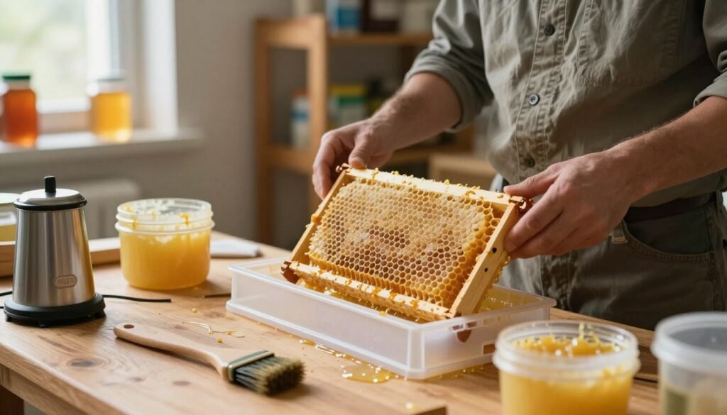 A close-up view of a beekeeping workspace, featuring an artisan in modest casual clothing preparing plastic frames for beeswax coating. In the foreground, the wooden workbench displays various tools—heating apparatus, a brush, and containers of melted beeswax. The middle section highlights the plastic frames, freshly coated in golden beeswax, with intricate details showing the texture and sheen of the wax. Soft, diffused natural light streams in from a nearby window, creating a warm, inviting atmosphere. In the background, blurred shelves of beekeeping supplies and jars of honey contribute to the setting while ensuring focus remains on the frames. The overall mood conveys diligence and care in preparing essential beekeeping equipment.