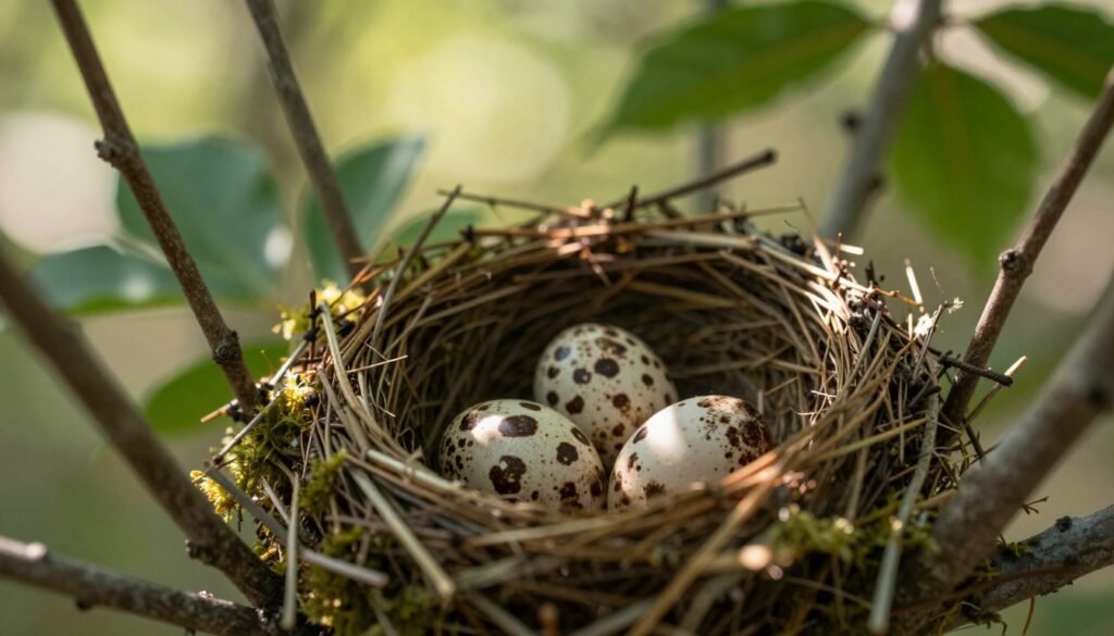 A close-up view of a bird's nest is depicted in the foreground, showcasing eggs with a distinct spotty brood pattern, signaling potential health concerns. The nest is intricately woven, surrounded by delicate twigs and soft moss, adding texture and detail. In the middle ground, a natural habitat transitions to softly blurred greenery, illustrating a serene environment while keeping the focus on the nest. The background features gentle sunlight filtering through the leaves, casting dappled shadows that enhance the atmosphere of calmness and vigilance. The lighting is warm and inviting, with a depth of field that emphasizes the nest sharply against the softer backdrop. This image conveys a mood of careful observation and concern, ideal for understanding the implications of the spotty brood pattern.