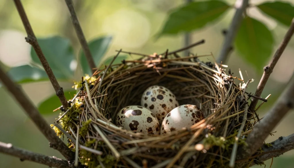 A close-up view of a bird's nest is depicted in the foreground, showcasing eggs with a distinct spotty brood pattern