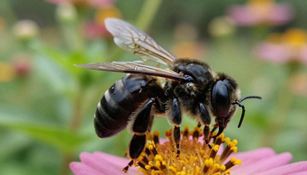 A close-up view of a black shiny bee exhibiting signs of chronic bee paralysis, with its wings slightly drooped and a shimmering coat of iridescent black exoskeleton. The bee is positioned on a vibrant flower in the foreground, displaying intricate details of its legs and antennae. In the middle ground, a blurred perspective of a lush garden environment, providing a sense of natural habitat. The background fades into soft greens and floral tones, evoking a tranquil yet concerned atmosphere. The lighting is soft and diffused, simulating early morning sunlight, enhancing the bee's glossy features while casting gentle shadows. The composition conveys a mood of both beauty and underlying distress within bee populations, urging viewers to consider environmental challenges.
