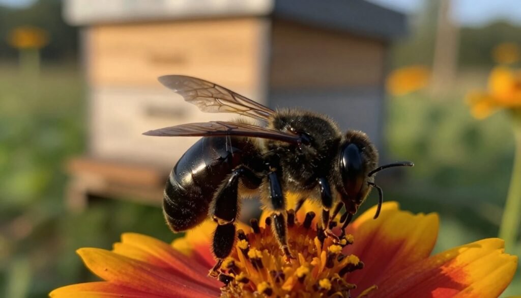 A close-up view of a black shiny bee exhibiting signs of chronic paralysis, with its wings drooping and a glossy, almost iridescent body that highlights its fragility. In the foreground, the bee is perched precariously on a vibrant flower, showcasing vivid petals that contrast with the bee's sleek appearance. The middle ground features blurred out elements of a beehive, suggesting a once-thriving environment now affected by disease. The background consists of a soft-focus garden scene, with hints of muted greens and yellows, highlighting the contrast between life and the eerie stillness surrounding the affected bee. The lighting is warm and natural, emulating the late afternoon sun, casting gentle shadows that evoke a somber yet reflective mood, capturing the emerging threat of this condition. Use a macro lens effect to emphasize detail.