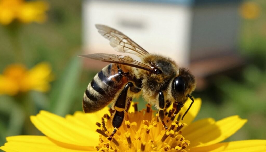 A close-up view of a black, shiny honeybee exhibiting symptoms of chronic bee paralysis, with its wings slightly damaged and showcasing unusual trembling. In the foreground, the bee is perched on a vibrant yellow flower, its delicate legs gripping the petals, while its body glistens under soft, natural sunlight. The middle ground includes hints of other flowers and blurred green leaves, creating a rich, colorful environment. The background features a softly blurred hive structure, hinting at the colony's home. The overall atmosphere is one of urgency and concern, framed in warm, golden light that evokes a sense of nature's fragility. Use a shallow depth of field to accentuate the bee in sharp focus against the surrounding blurred elements.