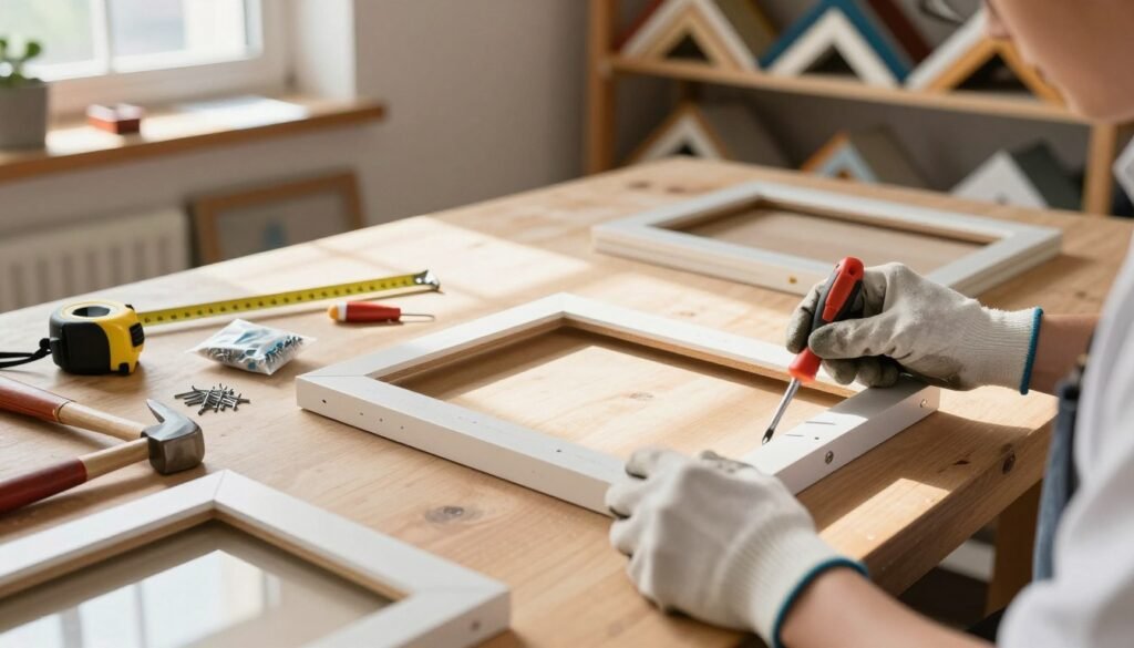 A close-up view of a brightly lit workshop featuring neatly assembled picture frames and frame components scattered on a wooden workbench. In the foreground, a pair of hands, wearing protective gloves and holding a screwdriver, carefully secures the final corner of a frame, conveying focus and precision. In the middle ground, various tools such as a tape measure, a hammer, and small bags of nails are organized, alongside several unassembled frames that illustrate the contrast between completed and incomplete projects. In the background, shelves filled with different frame styles and colors create a warm, inviting atmosphere. Soft natural light filters in through a nearby window, casting gentle shadows and highlighting the craftsmanship involved in frame assembly. The overall mood is one of creativity and hands-on learning. A close-up view of a brightly lit workshop featuring neatly assembled picture frames and frame components scattered on a wooden workbench. In the foreground, a pair of hands, wearing protective gloves and holding a screwdriver, carefully secures the final corner of a frame, conveying focus and precision. In the middle ground, various tools such as a tape measure, a hammer, and small bags of nails are organized, alongside several unassembled frames that illustrate the contrast between completed and incomplete projects. In the background, shelves filled with different frame styles and colors create a warm, inviting atmosphere. Soft natural light filters in through a nearby window, casting gentle shadows and highlighting the craftsmanship involved in frame assembly. The overall mood is one of creativity and hands-on learning.