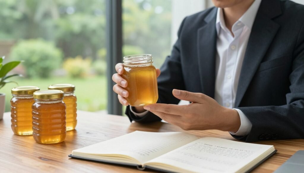 A close-up view of a business professional in a modern, well-lit office environment, carefully examining jars of golden honey displayed on a polished wooden desk. The foreground features an open notebook with notes on environmental factors affecting honey, emphasizing protection strategies. In the middle, the professional, wearing smart casual attire, holds a jar of honey, illustrating a focus on investment care. The background showcases large windows with a view of a lush, green garden, bathed in natural light, symbolizing a connection to nature. The atmosphere is calm and productive, highlighting the importance of safeguarding honey investments from humidity. Use soft, diffused lighting to create an inviting ambiance, enhancing the details of the honey's texture and color. A close-up view of a business professional in a modern, well-lit office environment, carefully examining jars of golden honey displayed on a polished wooden desk. The foreground features an open notebook with notes on environmental factors affecting honey, emphasizing protection strategies. In the middle, the professional, wearing smart casual attire, holds a jar of honey, illustrating a focus on investment care. The background showcases large windows with a view of a lush, green garden, bathed in natural light, symbolizing a connection to nature. The atmosphere is calm and productive, highlighting the importance of safeguarding honey investments from humidity. Use soft, diffused lighting to create an inviting ambiance, enhancing the details of the honey's texture and color.