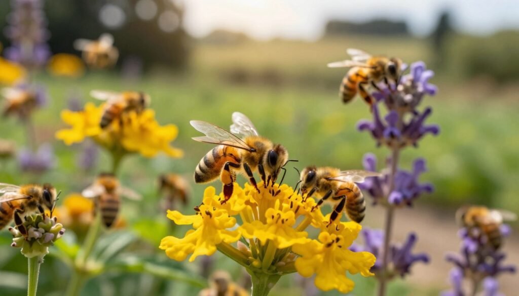 A close-up view of a bustling bee colony in a vibrant garden, showcasing honeybees diligently pollinating blooming flowers. In the foreground, capture several bees hovering around bright yellow and lavender blossoms, their intricate details visible, including delicate wings and fuzzy bodies. In the middle ground, include more flower varieties with crisp leaves and textures, while bees are energetically moving from bloom to bloom. In the background, depict a soft-focus landscape of lush greenery and distant trees under a warm, golden sunlight that bathes the scene, creating an inviting atmosphere. The image should have a shallow depth of field, emphasizing the bees and flowers, while the lighting enhances the natural colors, evoking a sense of harmony in nature and the importance of pollination.
