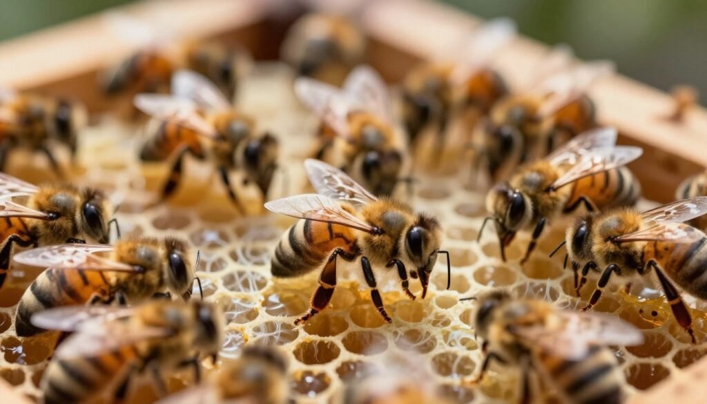A close-up view of a bustling beehive, featuring worker bees surrounding a newly introduced queen bee, displaying varying reactions. In the foreground, the queen bee is prominently positioned, radiating a gentle glow, highlighting her pheromonal scent trail, which appears as ethereal, wispy tendrils blending with vibrant honeycomb patterns. In the middle ground, a group of worker bees displays distinct behaviors, some curiously approaching while others are retreating, emphasizing the impact of scent identity. The background showcases the intricate structure of the hive with softly diffused natural light filtering through, creating a warm, inviting atmosphere that underscores the significance of pheromones in bee communication. Use a macro lens effect for enhanced detail, capturing the delicate features of the bees and the texture of the honeycomb. A close-up view of a bustling beehive, featuring worker bees surrounding a newly introduced queen bee, displaying varying reactions. In the foreground, the queen bee is prominently positioned, radiating a gentle glow, highlighting her pheromonal scent trail, which appears as ethereal, wispy tendrils blending with vibrant honeycomb patterns. In the middle ground, a group of worker bees displays distinct behaviors, some curiously approaching while others are retreating, emphasizing the impact of scent identity. The background showcases the intricate structure of the hive with softly diffused natural light filtering through, creating a warm, inviting atmosphere that underscores the significance of pheromones in bee communication. Use a macro lens effect for enhanced detail, capturing the delicate features of the bees and the texture of the honeycomb.