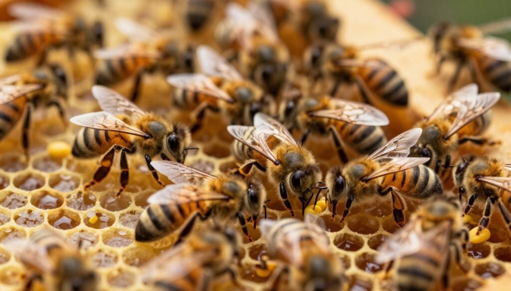 A close-up view of a bustling beehive interior, showcasing a variety of nurse bees actively balancing on honeycomb cells, each adorned with hexagonal patterns. In the foreground, several nurse bees are seen tending to larvae, their delicate wings capturing the soft glow of warm, golden light filtering through the hive. The middle ground features additional nurse bees, forming a harmonious cluster while exchanging pollen, reflecting teamwork and care. The background reveals the hive's structure, with deeper shadows highlighting the intricate architecture of wax and honey. The atmosphere is lively yet serene, underscoring a sense of community and nurturing. The image is shot with a macro lens, emphasizing details, and the lighting creates a soft, inviting mood.