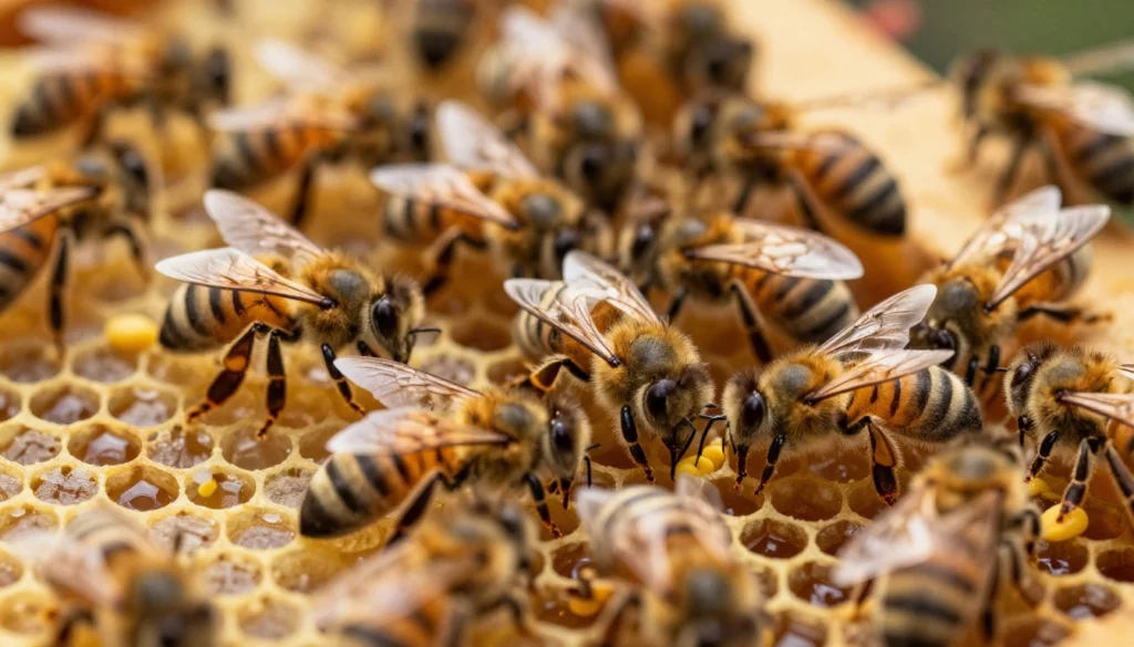 A close-up view of a bustling beehive interior, showcasing a variety of nurse bees actively balancing on honeycomb cells, each adorned with hexagonal patterns. In the foreground, several nurse bees are seen tending to larvae, their delicate wings capturing the soft glow of warm, golden light filtering through the hive. The middle ground features additional nurse bees, forming a harmonious cluster while exchanging pollen, reflecting teamwork and care. The background reveals the hive's structure, with deeper shadows highlighting the intricate architecture of wax and honey. The atmosphere is lively yet serene, underscoring a sense of community and nurturing. The image is shot with a macro lens, emphasizing details, and the lighting creates a soft, inviting mood. A close-up view of a bustling beehive interior, showcasing a variety of nurse bees actively balancing on honeycomb cells