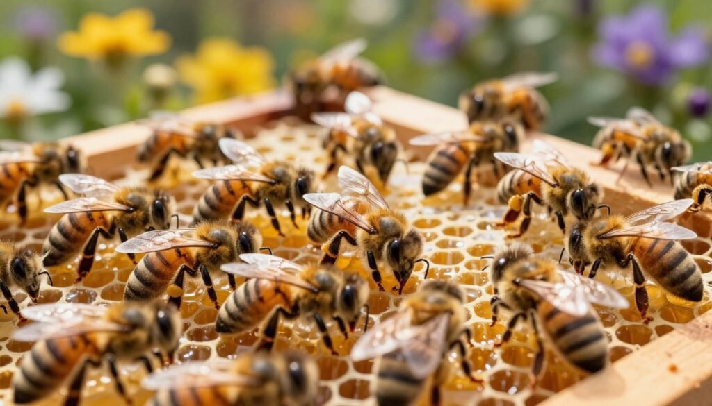 A close-up view of a bustling hive scene depicting forager bees in action as they return to their colony, showcasing a variety of colors among the bees to emphasize diversity. The foreground highlights bees actively entering the hive, with pollen-laden legs, showing their vital role in the ecosystem. In the middle ground, there are honeycomb frames filled with golden honey, glistening in warm sunlight, reflecting the hive's productivity. The background features a vibrant garden with blooming flowers, contributing to the foraging activity, and soft, diffused lighting creates a serene, inviting atmosphere. Capture this scene from a slightly elevated angle to provide depth and context, ensuring the focus remains on the dynamic interaction within the bee colony.