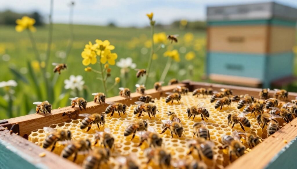 A close-up view of a busy apiary scene during spring, showcasing a beehive teeming with bees actively feeding on open cells filled with golden honey and pollen. In the foreground, bees are delicately gathering nectar, their tiny bodies glistening under soft natural sunlight. The middle ground features vibrant flowers in bloom, attracting bees while adding splashes of color, creating a lively atmosphere. A blurred background reveals a lush green landscape, dotted with wildflowers under a clear blue sky. The lighting is warm and inviting, evoking a sense of rebirth and freshness typical of spring. The scene captures the essence of nutrition and care within a thriving bee community, emphasizing the importance of feeding strategies in successful beekeeping.