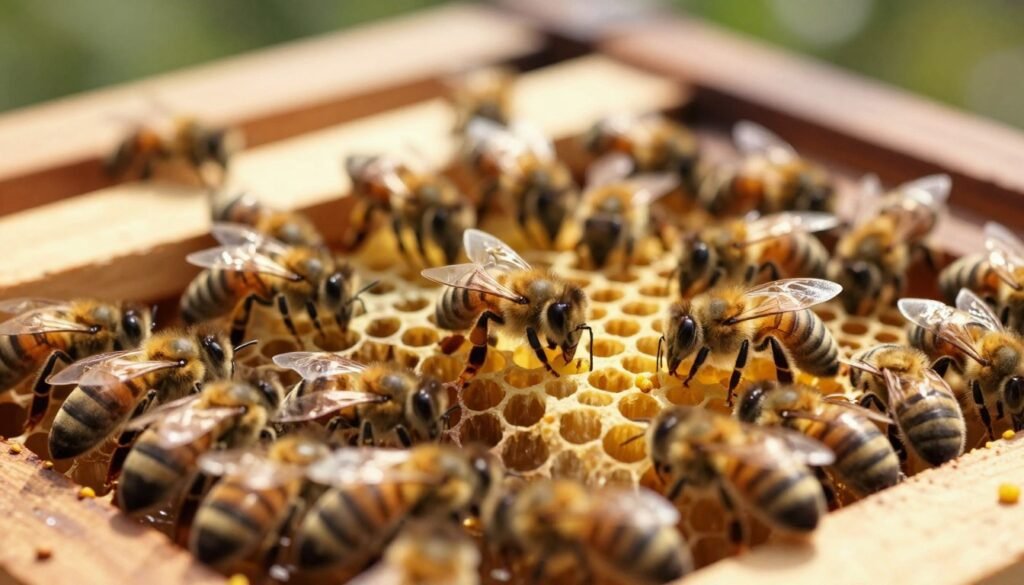 A close-up view of a busy bee colony in natural light, showcasing the intricate process of swarm cell construction. In the foreground, several worker bees are diligently building queen cells, with wax being molded into perfect, elongated shapes. The middle ground reveals a cluster of bees gathered around the cells, some engaging in communication, while others transport pollen. The background features wooden hive frames, slightly blurred to emphasize the action in the foreground. Soft, warm sunlight filters through the hive, creating a golden hue that highlights the bees' iridescent bodies. This serene yet dynamic atmosphere captures the essential role of queen cells in a bee colony, symbolizing growth and transformation.