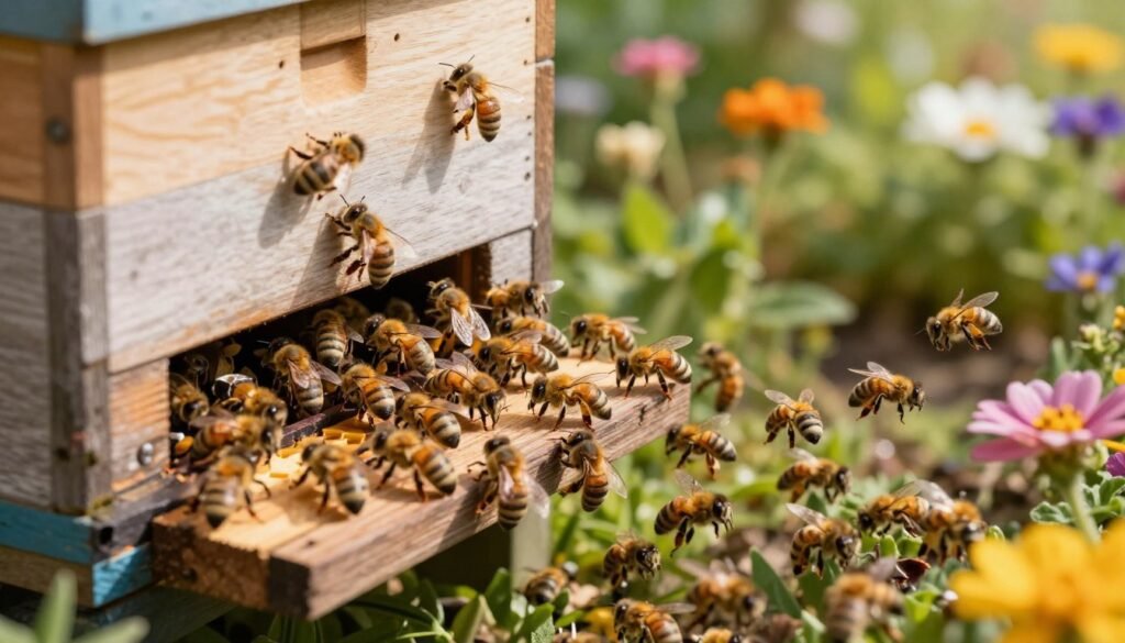 A close-up view of a busy bee hive entrance during daylight hours, capturing the bustling activity of honeybees entering and exiting. In the foreground, a wooden hive with a clean and well-maintained entrance reducer, showcasing the optimal size for varying traffic. The middle of the scene features bees swarming energetically, demonstrating their organized traffic flow. The background displays a lush garden with colorful flowers and greenery, providing a vibrant contrast to the hive. Soft sunlight filters through the leaves, creating a warm and inviting atmosphere. The lens captures the scene from a slightly elevated angle, emphasizing the hive's entrance and the complex interaction of bees, conveying a sense of harmony and efficiency in their ecosystem.