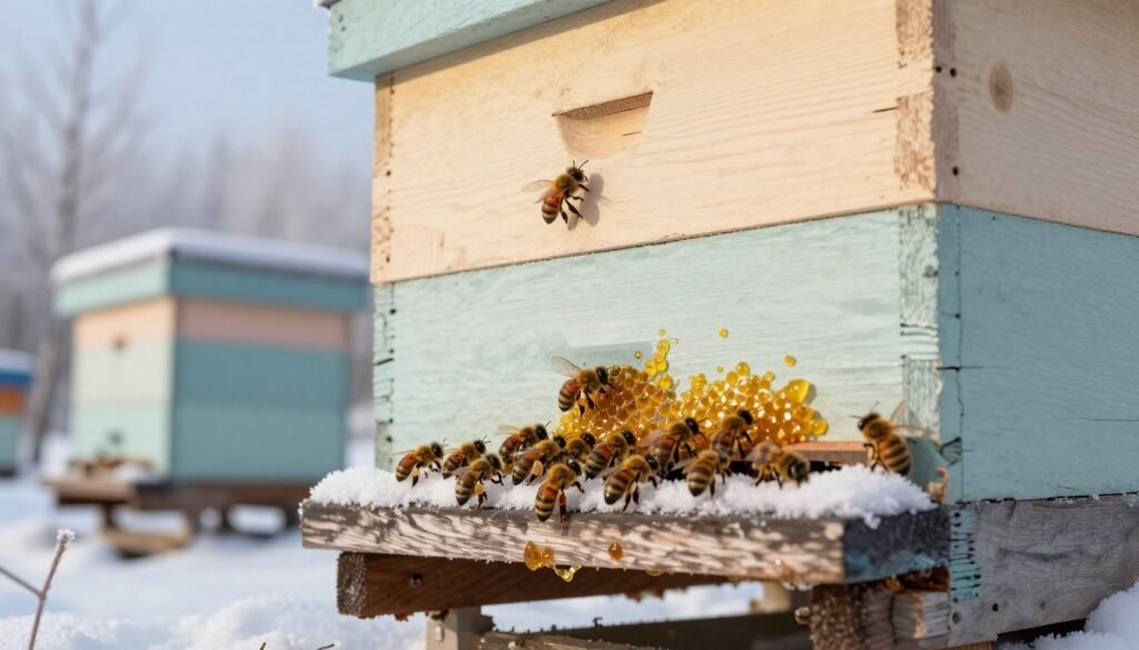 A close-up view of a busy beehive in winter, showcasing bees diligently working with propolis to seal gaps in the hive. In the foreground, a cluster of bees is seen applying golden-brown propolis to the hive's entrance, which is partially covered in snow. The middle ground features a wooden beehive painted in soft pastel colors, exuding a rustic charm. In the background, frosty trees can be seen against a pale blue sky, creating a serene winter atmosphere. The lighting is soft and natural, capturing the warmth of the bees against the coolness of the winter setting. The angle is slightly above the hive, emphasizing the bees' activity and the propolis they are using to protect their home.