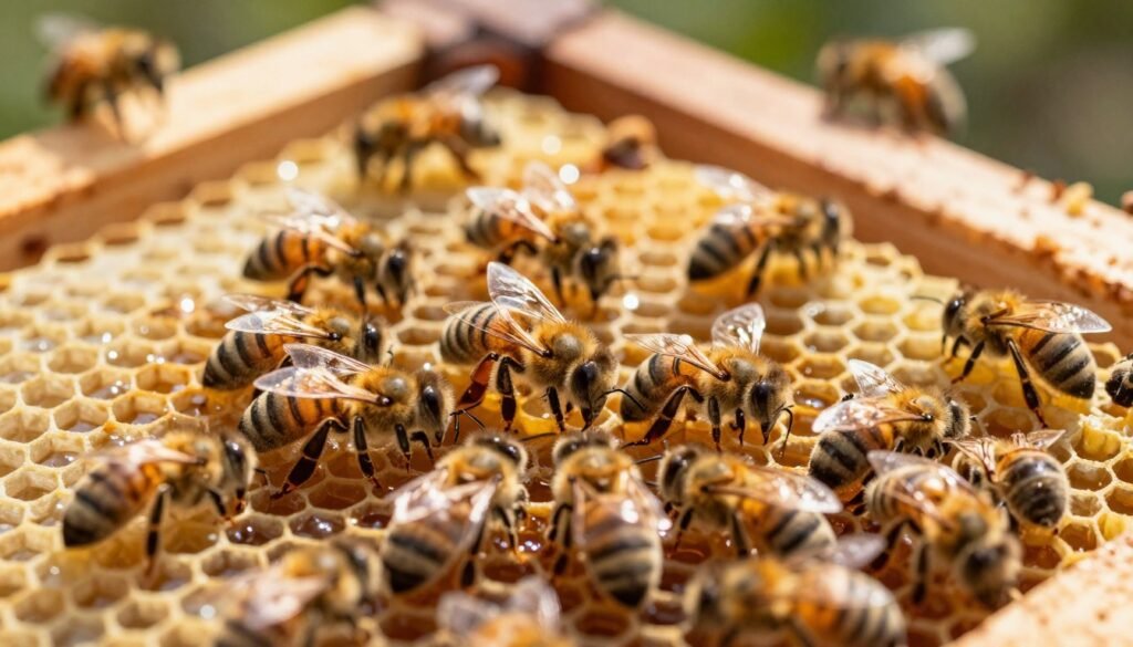 A close-up view of a busy beehive with laying worker bees at work, surrounded by capped brood cells filled with larvae. In the foreground, several worker bees are focused on caring for tiny larvae, showcasing their delicate movements and attention. The middle ground features hexagonal honeycomb cells, some filled with honey, reflecting glistening sunlight that filters through the hive's entrance. In the background, soft focus reveals the wooden frames of the beehive and a few bees flying outside, creating a sense of activity. The lighting is warm and natural, evoking a sunny day. The mood is serene yet industrious, capturing the essence of a thriving bee colony and the role of laying workers in raising a new queen.