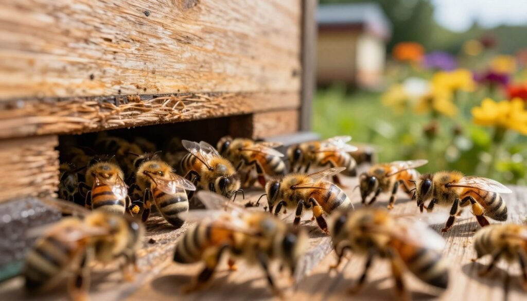 A close-up view of a busy hive entrance, showcasing bees actively coming and going, helping to illustrate traffic flow in a bee colony. In the foreground, we see several bees in sharp detail, their wings glistening in sunlight, with pollen grains visible on their legs. In the middle ground, a wooden beehive with a well-worn entrance is portrayed, while the background features a soft-focus garden filled with colorful flowers, creating a vibrant atmosphere. The lighting is warm and natural, emphasizing a sunny day. The image is captured from a low angle to enhance the sense of activity and urgency, creating a bustling, lively mood. The scene should feel harmonious and alive, highlighting the importance of monitoring bee traffic for colony health.