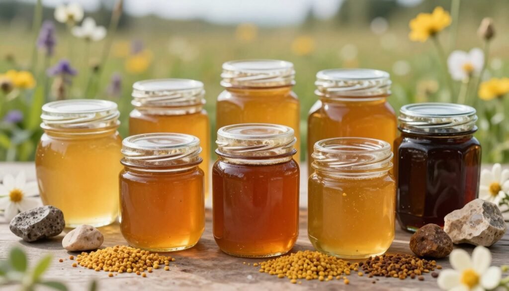 A close-up view of a carefully arranged assortment of honey samples, showcasing different shades from golden amber to deep mahogany, each reflecting the unique mineral content derived from diverse botanical origins. Surround the honey jars with natural elements like delicate flowers, various types of pollen, and mineral-rich stones, indicating their connection to the honey's flavor and conductivity. Soft, diffused natural light illuminates the scene, creating a warm and inviting atmosphere. In the background, a blurred out landscape of a lush, flowering meadow echoes the botanical sources of the honey, enhancing the image's depth. The composition emphasizes the beautiful interplay of nature, science, and the intricate relationship between mineral content and floral diversity.