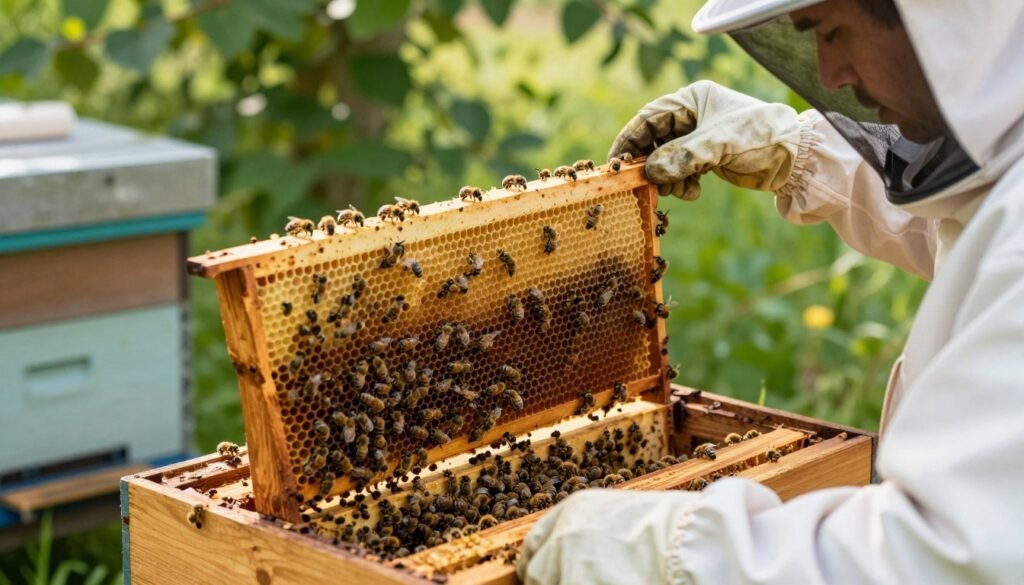 A close-up view of a carefully organized hive workspace, highlighting a brood box filled with honey frames. In the foreground, a beekeeper in a protective suit is inspecting the frames, their face focused and serious, embodying professionalism. The middle of the image showcases the wooden brood box, rich in texture, with bees busily working around the frames, indicating hive productivity. The background features lush greenery, symbolizing a productive environment, with soft, natural sunlight filtering through the leaves, casting gentle shadows. The scene conveys a sense of balance between the intricate details of beekeeping and the serene, productive atmosphere of nature, evoking a feeling of harmony and diligence in managing costs and productivity. A close-up view of a carefully organized hive workspace, highlighting a brood box filled with honey frames. In the foreground, a beekeeper in a protective suit is inspecting the frames, their face focused and serious, embodying professionalism. The middle of the image showcases the wooden brood box, rich in texture, with bees busily working around the frames, indicating hive productivity. The background features lush greenery, symbolizing a productive environment, with soft, natural sunlight filtering through the leaves, casting gentle shadows. The scene conveys a sense of balance between the intricate details of beekeeping and the serene, productive atmosphere of nature, evoking a feeling of harmony and diligence in managing costs and productivity.