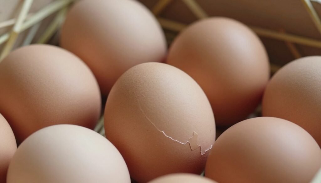 A close-up view of a chicken's eggs in a nesting box, showcasing capping abnormalities in the shotgun brood pattern. The foreground focuses on several eggs, each with unique cap shapes and unevenness, illustrating the abnormalities. The middle ground should feature soft, natural lighting that highlights the textures of the eggshells, with a gentle shadow cast to add depth. In the background, hints of natural straw and hay provide context, blurring slightly to maintain focus on the eggs. The composition should evoke a sense of calm and observation, aiming for an educational and informative atmosphere, ideal for illustrating signs of shotgun brood patterns in chickens.