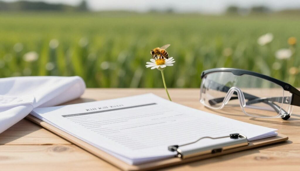 A close-up view of a clipboard on a wooden table filled with pesticide kill documentation. The clipboard is accompanied by a white lab coat draped over the edge, and a pair of safety goggles resting beside it. In the middle ground, a honeybee sits on a flower, representing pollination, while a soft-focus background reveals a lush green field under bright sunlight. The light casts gentle shadows, enhancing the clarity of the documentation. The overall mood is professional and informative, showcasing the balance between agricultural practices and the importance of bee conservation. The image is captured with a shallow depth of field, creating a sharp foreground, and a beautiful bokeh effect in the background.