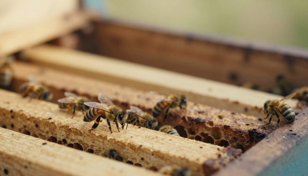 A close-up view of a cluster of bees in a beehive, showcasing queenless and broodless conditions. In the foreground, focus on a few bees gently clustering together, displaying their unique features such as fuzzy bodies and delicate wings. The middle of the image features empty hive frames, clearly showing a lack of brood cells and a noticeable emptiness, hinting at the absence of a queen. In the background, the beehive is slightly blurred, with warm, natural honey tones emphasizing a quiet, somber atmosphere. Soft, diffused lighting filters through the hive entrance, creating a gentle glow that highlights the texture of the bees and the wooden frames. The overall mood is one of stillness and reflective observation, capturing the essence of a bee colony in transition. A close-up view of a cluster of bees in a beehive, showcasing queenless and broodless conditions. In the foreground, focus on a few bees gently clustering together, displaying their unique features such as fuzzy bodies and delicate wings. The middle of the image features empty hive frames, clearly showing a lack of brood cells and a noticeable emptiness, hinting at the absence of a queen. In the background, the beehive is slightly blurred, with warm, natural honey tones emphasizing a quiet, somber atmosphere. Soft, diffused lighting filters through the hive entrance, creating a gentle glow that highlights the texture of the bees and the wooden frames. The overall mood is one of stillness and reflective observation, capturing the essence of a bee colony in transition.