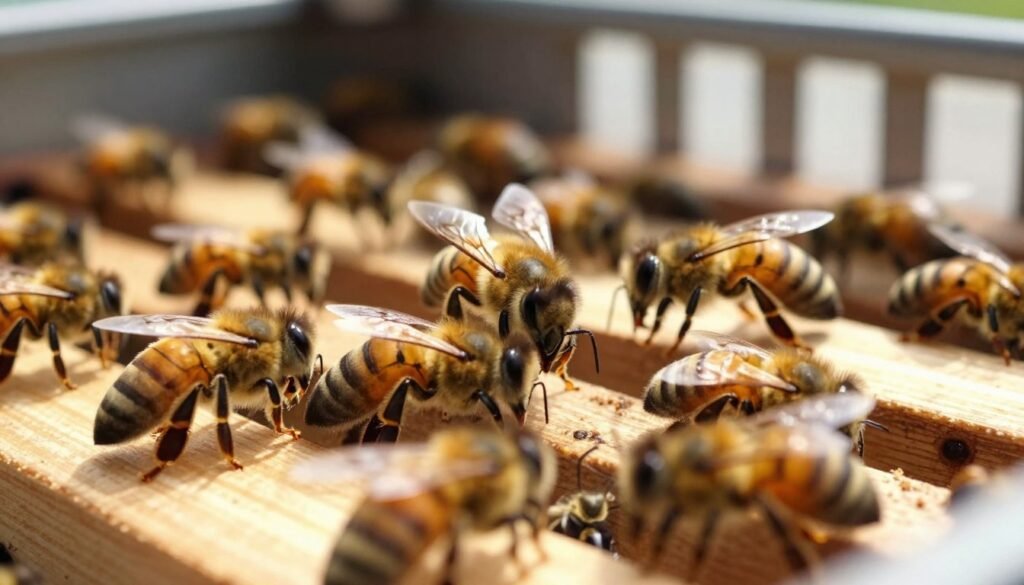 A close-up view of a cluster of bees inside a transport crate, showcasing their stress during transportation. The foreground features bees with iridescent, golden bodies, displayed on wooden frames, with some bees appearing agitated, wings slightly spread. In the middle ground, various bees are nestled together, some interacting, with motion blur effects suggesting movement and tension. The background includes a soft-focus of a truck’s interior, sunlight streaming through the crate slats, creating a warm, slightly chaotic atmosphere. Use natural lighting to emphasize the golden hues of the bees, with a shallow depth of field to draw attention to their delicate forms and expressions, evoking an emotional response to their plight during transport.