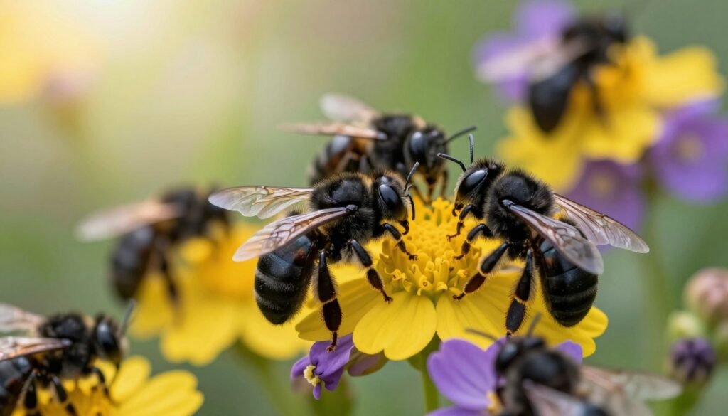 A close-up view of a cluster of black shiny bees on vibrant yellow and purple flowers, showcasing their iridescent bodies that glisten in the sunlight. The bees are depicted in the foreground, intricately detailed with a focus on their wings and textures. In the middle ground, lush greenery surrounds the flowers, with some blurred elements to enhance depth. The background features a soft, dreamy garden scene with gentle sunlight filtering through, creating a warm, inviting atmosphere. Use a macro lens effect to emphasize the bees' intricate details and convey a sense of wonder and curiosity about their role in nature. The overall mood is lively yet serene, highlighting the beauty and mystery often misunderstood about these remarkable creatures.