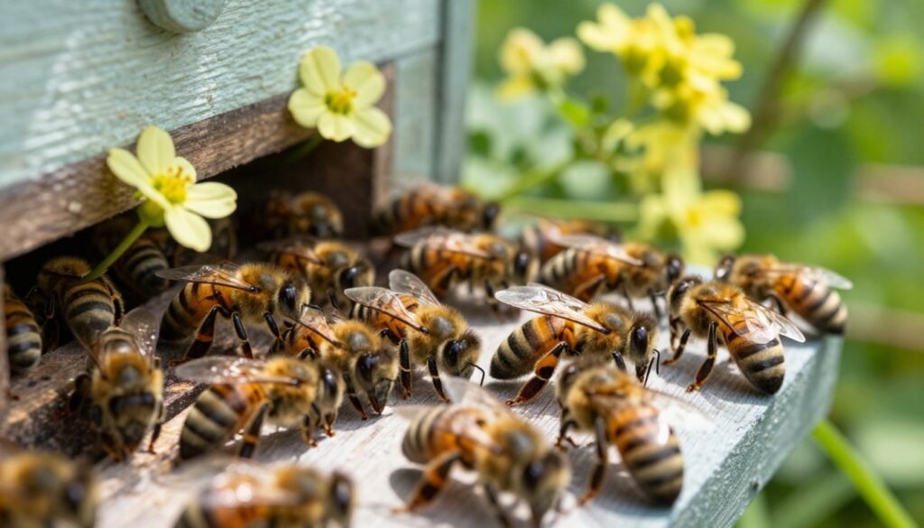 A close-up view of a cluster of honey bees exhibiting washboarding behavior outside a hive, with bees arranged in rows on a natural surface, showcasing their coordinated movements. In the foreground, focus on several bees actively grooming and interacting, highlighting their delicate wings and fuzzy bodies. The middle ground features the hive entrance, surrounded by a few flowering plants, creating a vivid backdrop of greens and soft yellows. The background shows a blurred, sunny garden setting with dappled light filtering through leaves, creating an inviting atmosphere. Use natural light to capture the sparkling details of the bees and the texture of their environment. The angle should be slightly elevated, giving a bird’s-eye view of this fascinating behavior, conveying a sense of harmony and activity in the natural world.