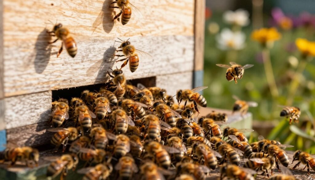 A close-up view of a cluster of honeybees bearding outside a hive, showcasing their intensity and dynamics. In the foreground, a thick mass of bees is densely packed, their bodies glistening in the sunlight. The middle ground reveals the wooden hive, displaying details of its texture and color, while the bees cover its entrance, some flying around. In the background, a blurred garden with flowers adds a vibrant backdrop, hinting at the bees’ active environment. A warm, golden-hour light casts soft shadows, creating a calm yet lively atmosphere. The image should be captured at a slight angle to emphasize the depth and activity of the bee cluster, evoking a sense of natural harmony and industriousness.