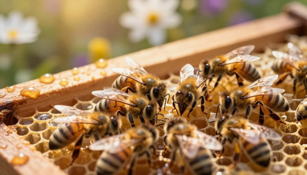 A close-up view of a cluster of nurse bees actively sampling within a vibrant hive, showcasing their intricate body structures and fine hairs. In the foreground, several bees are depicted in sharp focus, exhibiting detailed wing patterns and their unique yellow and black stripes. The middle ground features the hive's honeycomb, adorned with glistening droplets of nectar and brood cells. The background should convey a softly blurred garden full of blooming flowers, enhancing the natural setting. Use warm, golden hour lighting to create a gentle and inviting atmosphere, emphasizing the warmth of the sun filtering through the hive. Capture this scene from a slight overhead angle, adding depth to the image. The mood is serene and industrious, reflecting the bees' essential role in the ecosystem.