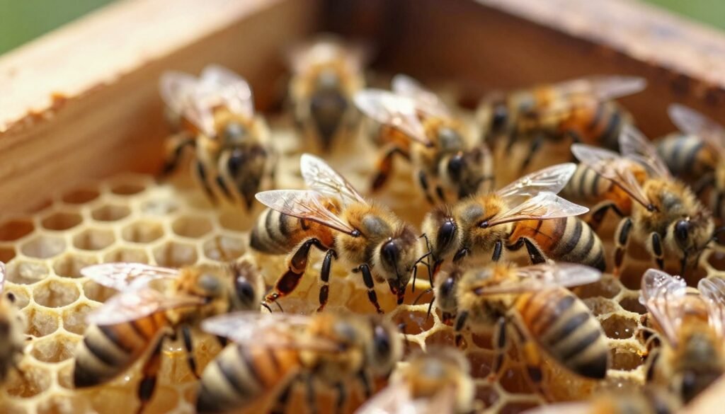 A close-up view of a cluster of nurse bees busily engaged in their hive duties, showcasing their vital role in the colony. In the foreground, several nurse bees can be seen tending to larvae, with their fuzzy bodies highlighted against the soft, warm tones of the hive's wooden interior. The middle ground features honeycomb with hexagonal cells filled with developing brood, while the background subtly shows the darker recesses of the hive. Natural sunlight streams in from a small opening, illuminating the scene with a gentle glow, creating a serene and industrious atmosphere. The image should be shot with a macro lens to capture intricate details of the bees, emphasizing their delicate features and the vibrant texture of the honeycomb. Capture a sense of harmony and productivity within the bee colony environment.