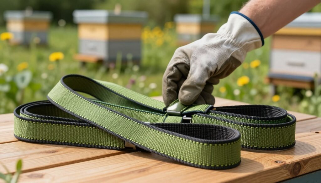 A close-up view of a collection of robust hive straps, vividly displaying their durable, weather-resistant materials and intricate stitching. The foreground showcases a few well-organized, clean straps coiled neatly on a wooden surface, glistening slightly under soft, natural lighting. In the middle ground, a hand reaches out to examine the straps, dressed in modest work gloves to emphasize maintenance and care. The background softly blurs into a peaceful apiary scene with bee hives nestled among wildflowers, creating a serene atmosphere of a well-kept maintenance area. The image captures a warm, inviting mood, reminiscent of a summer day, and emphasizes the importance of storing and maintaining essential tools for beekeeping safety.