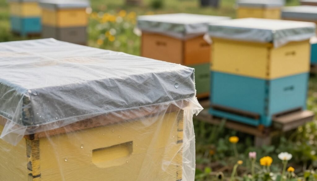 A close-up view of a commercial hive wrap showcasing its superior breathability. In the foreground, display the textured surface of the hive wrap, emphasizing its durability and ventilation features with droplets of moisture to illustrate effective moisture management. In the middle ground, position two hives wrapped in vivid, high-quality insulated hive wraps in contrasting colors. The background should have a soft-focus of an apiary with scattered flowers, suggesting a healthy bee environment. Use warm, natural lighting to create an inviting atmosphere, and a slight angle to enhance depth. The overall mood should convey professionalism and reliability, focusing on the benefits of commercial hive wraps in beekeeping management.