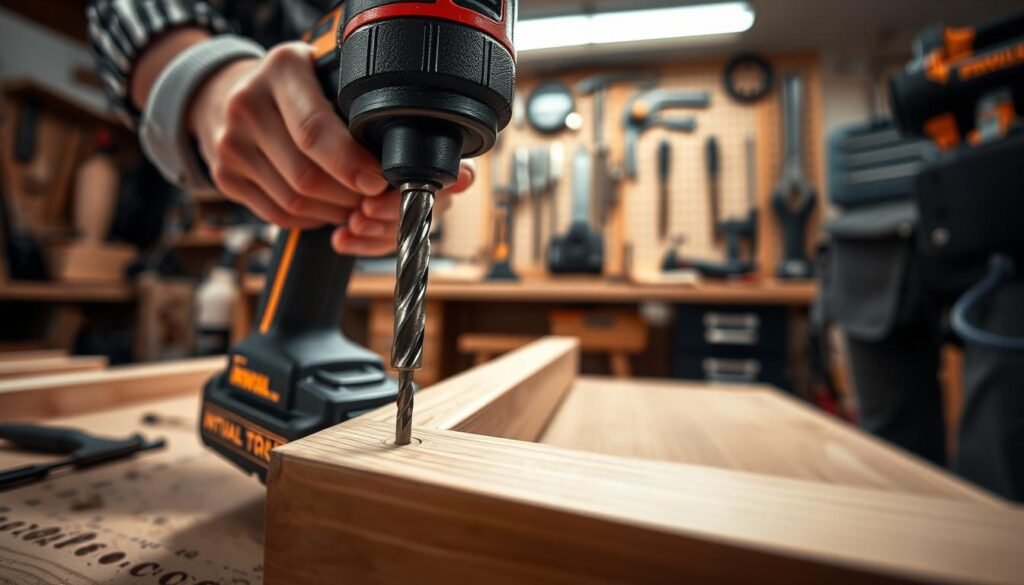 A close-up view of a cordless drill in action, focusing on a high-quality drill bit precisely making contact with a wooden frame, showcasing the importance of preventing bit walking. In the foreground, the drill bit is sharply in focus, exhibiting intricate details of its design, while the cordless drill is held steady by a skilled professional in modest casual clothing. The background features a well-lit workshop setting with various tools organized neatly, enhancing the work environment's authenticity. Soft, diffused lighting casts gentle shadows, creating an inviting and focused atmosphere. The angle captures the action at a slight tilt, emphasizing the drill's stability and the effectiveness of proper technique, suggesting both safety and precision in frame assembly work.