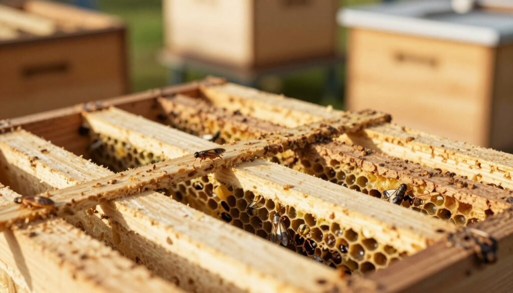 A close-up view of a criss-cross ventilation structure specifically designed for managing wax moth infestations in contaminated bee frames. In the foreground, focus on the intricate layering of the frames, highlighting the gaps and openings that facilitate airflow. The middle ground showcases the wax moth, with its distinctive color patterns and features, camouflaged among the frames. The background is softly blurred, featuring a warm, inviting beekeeping environment with wooden bee boxes and tools, emphasizing a sense of care and professionalism. The lighting is natural, with golden daylight filtering through, casting gentle shadows that create depth. Capture the mood of diligence and attention to detail, ensuring the scene is orderly yet informative, suitable for an educational context.