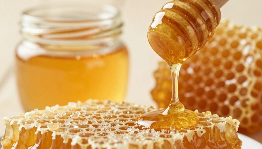A close-up view of a crystal-clear honey dipper glistening with golden honey, dripping with a few glistening droplets, representing the sweetness of fructose and glucose. In the foreground, detailed clusters of sugar crystals sparkle, showcasing the texture differences influenced by the glucose to fructose ratio. The middle ground features a small glass jar filled with honey, with a slight shimmer reflecting warm sunlight. In the background, a soft-focus of lush honeycomb with its intricate patterns and natural hues of amber. The scene is warmly lit, evoking a natural and inviting atmosphere, enhancing the connection between the two sugars and their impact on honey’s texture. The composition should employ a shallow depth of field to highlight the main subjects while maintaining a soft bokeh effect in the background.