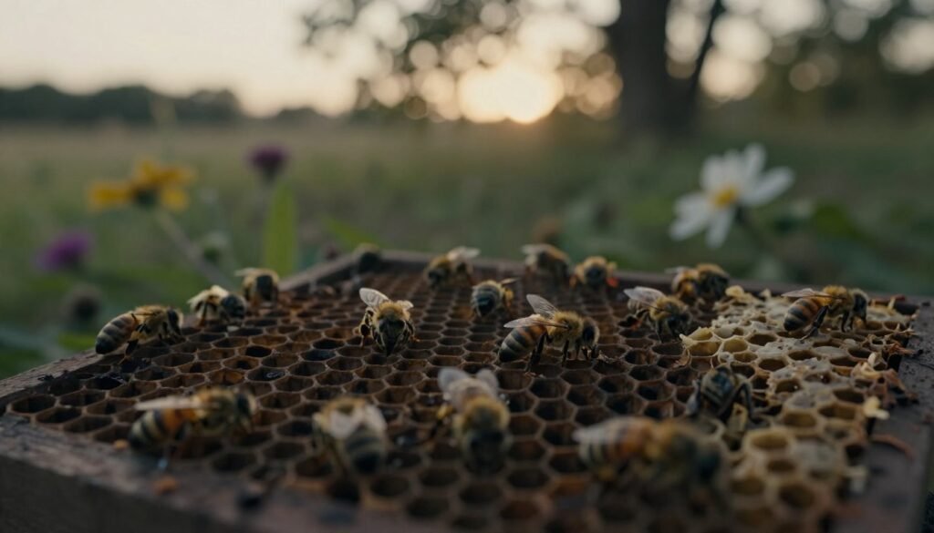 A close-up view of a dead honeybee hive set against a soft-focus outdoor background, showcasing empty hexagonal cells and remnants of bee comb. In the foreground, highlight the dark, crumbling wax and scattered bee carcasses, illustrating decay and abandonment. The middle ground features fading flowers and leaves, hinting at seasonal change and neglect. The lighting should be subdued, with golden hour sunlight filtering softly through a nearby tree, casting gentle shadows to enhance the somber mood. Capture the scene from a low angle to create a sense of intimacy with the hive and emphasize its deteriorating state, evoking a reflective atmosphere on nature's cycle.