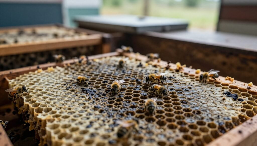 A close-up view of a dead-out bee colony comb, showcasing the intricate details of the wax patterns and sealed cells. The foreground should highlight the comb's surface, marked with dark, desiccated remnants of bee larvae, and a few scattered bee bodies. In the middle ground, display the surrounding hive interiors, slightly shadowed but revealing fragments of honeycomb and tools indicative of recent beekeeping activities. The background should be softly blurred, illustrating a sunlit workshop with muted colors, enhancing a somber yet contemplative atmosphere. Use natural, diffused lighting to emphasize textures and create depth, as if looking through a macro lens, capturing the emotional weight of loss in beekeeping.