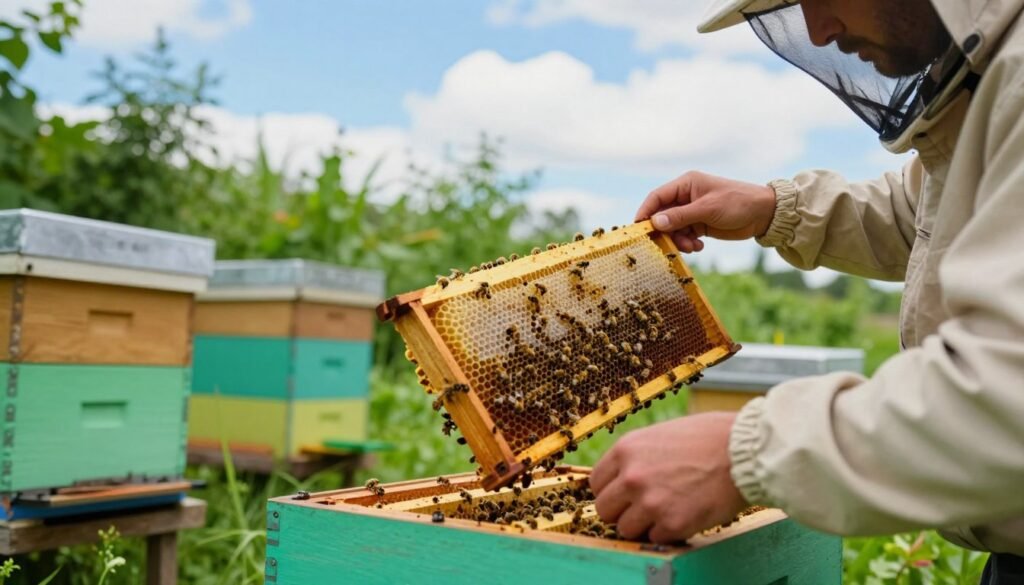 A close-up view of a dedicated beekeeper in modest casual clothing, inspecting a newly added second box of a beehive, observing the bees' activity. In the foreground, the beekeeper holds a frame filled with honeycomb, looking intently at the bees working. In the middle, the beehive sits on a wooden stand, with vibrant green foliage surrounding it, emphasizing a healthy environment. The background features a bright blue sky with a few white clouds, casting soft, diffused sunlight onto the scene. The mood is one of diligence and focus, capturing the essence of monitoring progress after expansion in beekeeping. Use a slightly high-angle perspective to create depth and interest, with a shallow depth of field to keep the beekeeper and hive in sharp focus.